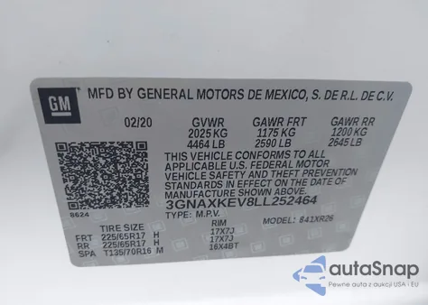 2020 Chevrolet Equinox Fwd Lt 1.5L Turbo z USA, uszkodzony, nr VIN 3GNAXKEV8LL252464